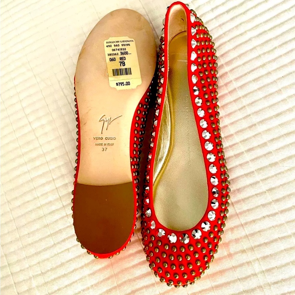 NWOB $795 RARE GIUSEPPE ZANOTTI Red, Gold/Silver Studded Ballet Flats EU37; US 7